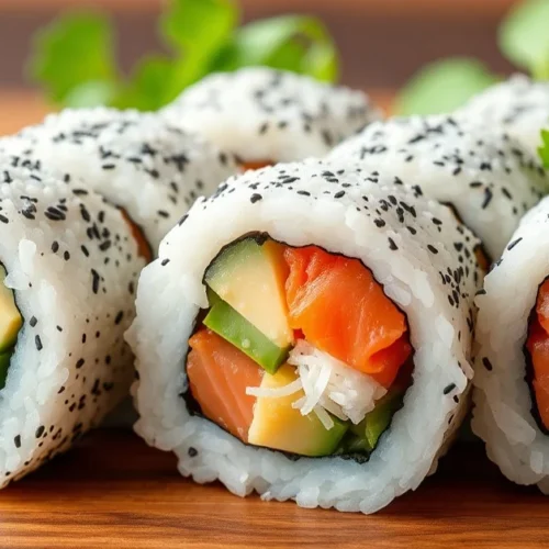 Beautiful sushi rolls without nori rice coated exterior, fresh salmon avocado cucumber, Japanese cuisine, professional food p