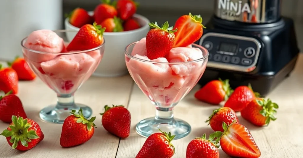 Beautiful vibrant strawberry sorbet in glass bowls with Ninja Creami machine, fresh strawberries on wooden table, summer dess