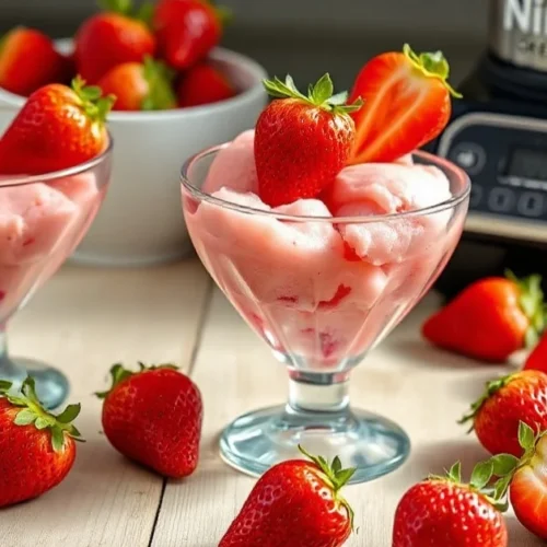 Beautiful vibrant strawberry sorbet in glass bowls with Ninja Creami machine, fresh strawberries on wooden table, summer dess