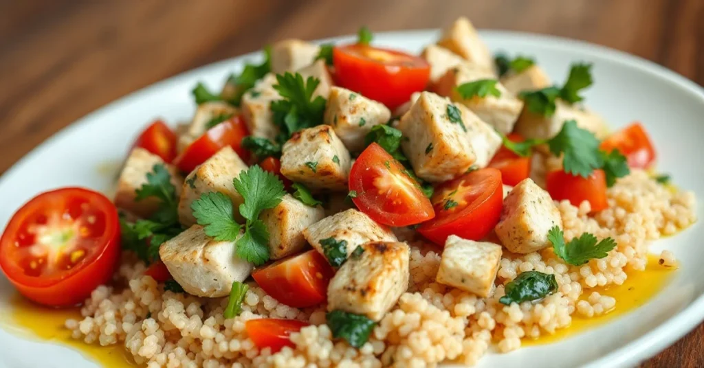 Beautiful vibrant tabbouleh with grilled chicken cubed, fresh parsley, tomatoes, and couscous, drizzled with golden olive oil