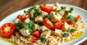 Beautiful vibrant tabbouleh with grilled chicken cubed, fresh parsley, tomatoes, and couscous, drizzled with golden olive oil
