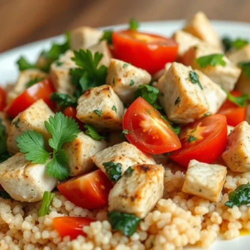Beautiful vibrant tabbouleh with grilled chicken cubed, fresh parsley, tomatoes, and couscous, drizzled with golden olive oil