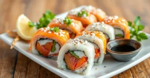 Beautifully arranged fresh salmon sushi rolls on white ceramic plate, vibrant colors, professional food photography, side vie