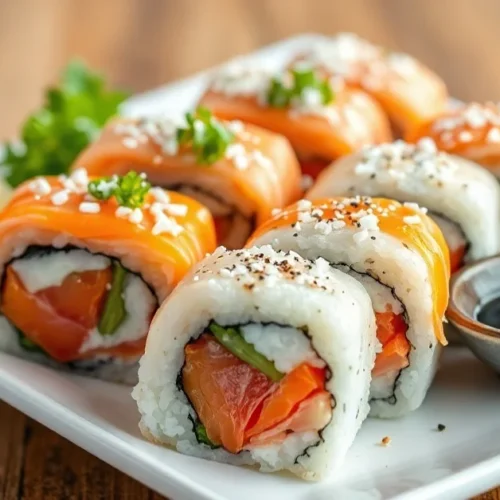 Beautifully arranged fresh salmon sushi rolls on white ceramic plate, vibrant colors, professional food photography, side vie