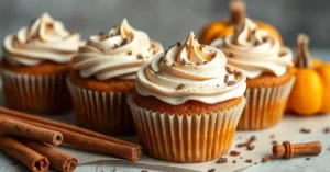 Beautifully decorated pumpkin spice latte cupcakes with coffee cream frosting, autumn spices, professional food photography,
