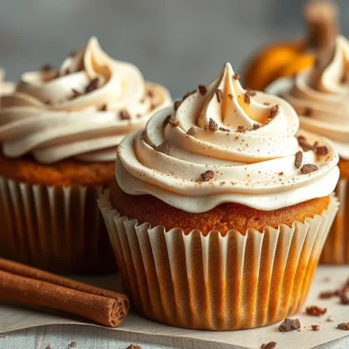 Beautifully decorated pumpkin spice latte cupcakes with coffee cream frosting, autumn spices, professional food photography,