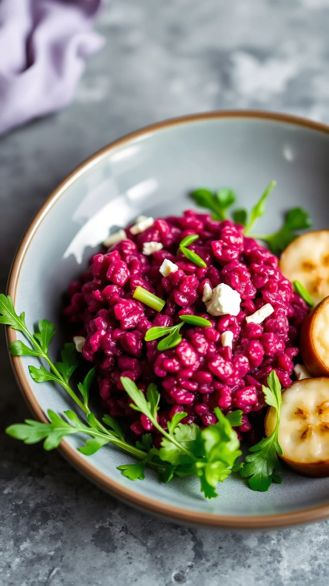 Beet risotto with goat cheese, magenta pink creamy rice, fresh arugula, elegant plating, fine dining style