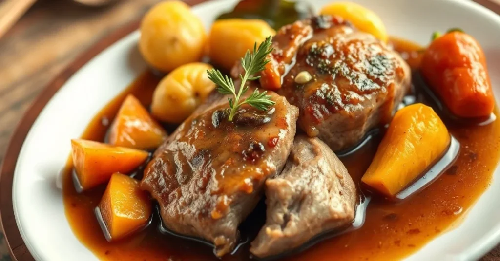 Braised veal breast on white plate surrounded by golden roasted vegetables, rich brown sauce, traditional French cuisine, pro