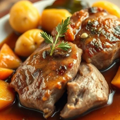 Braised veal breast on white plate surrounded by golden roasted vegetables, rich brown sauce, traditional French cuisine, pro