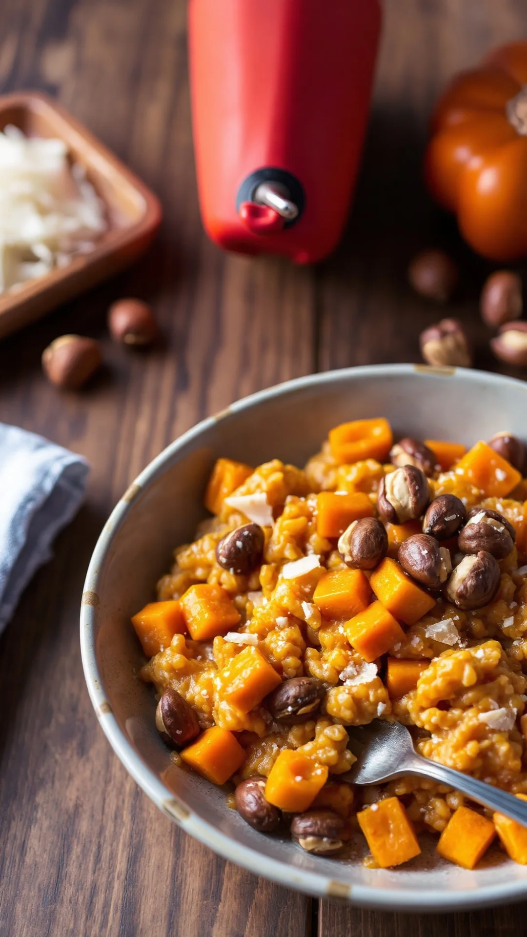 Butternut squash risotto with roasted hazelnuts, warm autumn colors, creamy texture, garnished with parmesan, wooden table