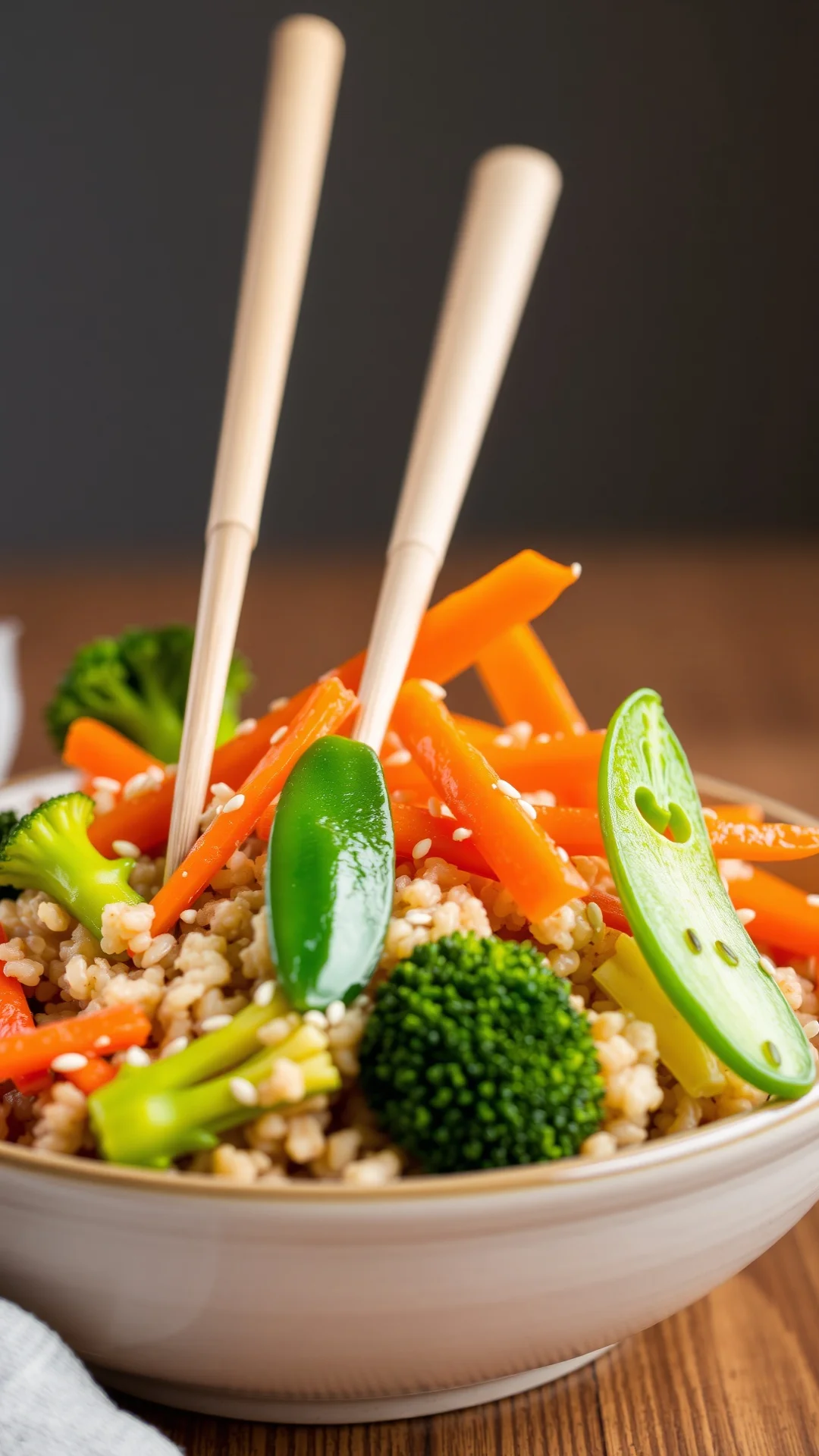 Chinese healthy brown rice bowl with steamed broccoli, carrots, snap peas, sesame seeds, wooden chopsticks, natural daylight,