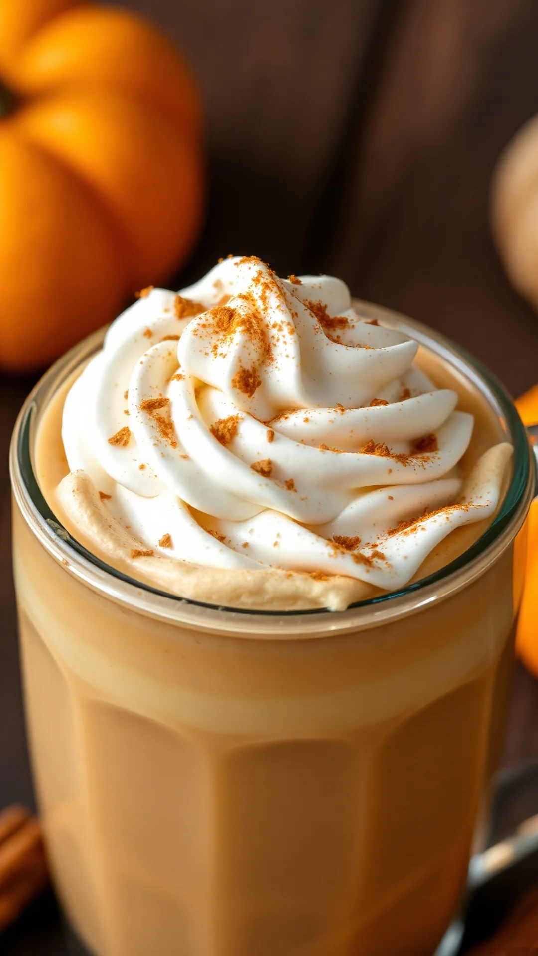 Classic homemade pumpkin spice latte with whipped cream, cinnamon dust, close-up detail shot, autumn beverage, professional f