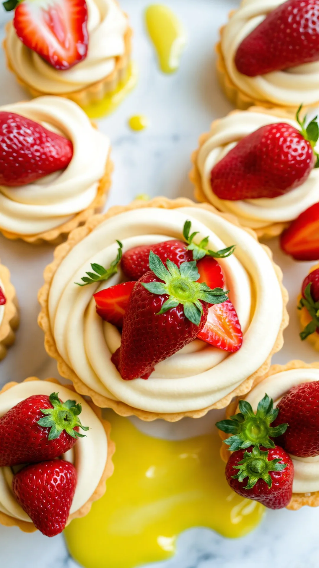 Classic strawberry tart with pastry cream and glazed fresh strawberries, overhead shot, bakery display, yellow pastry cream v