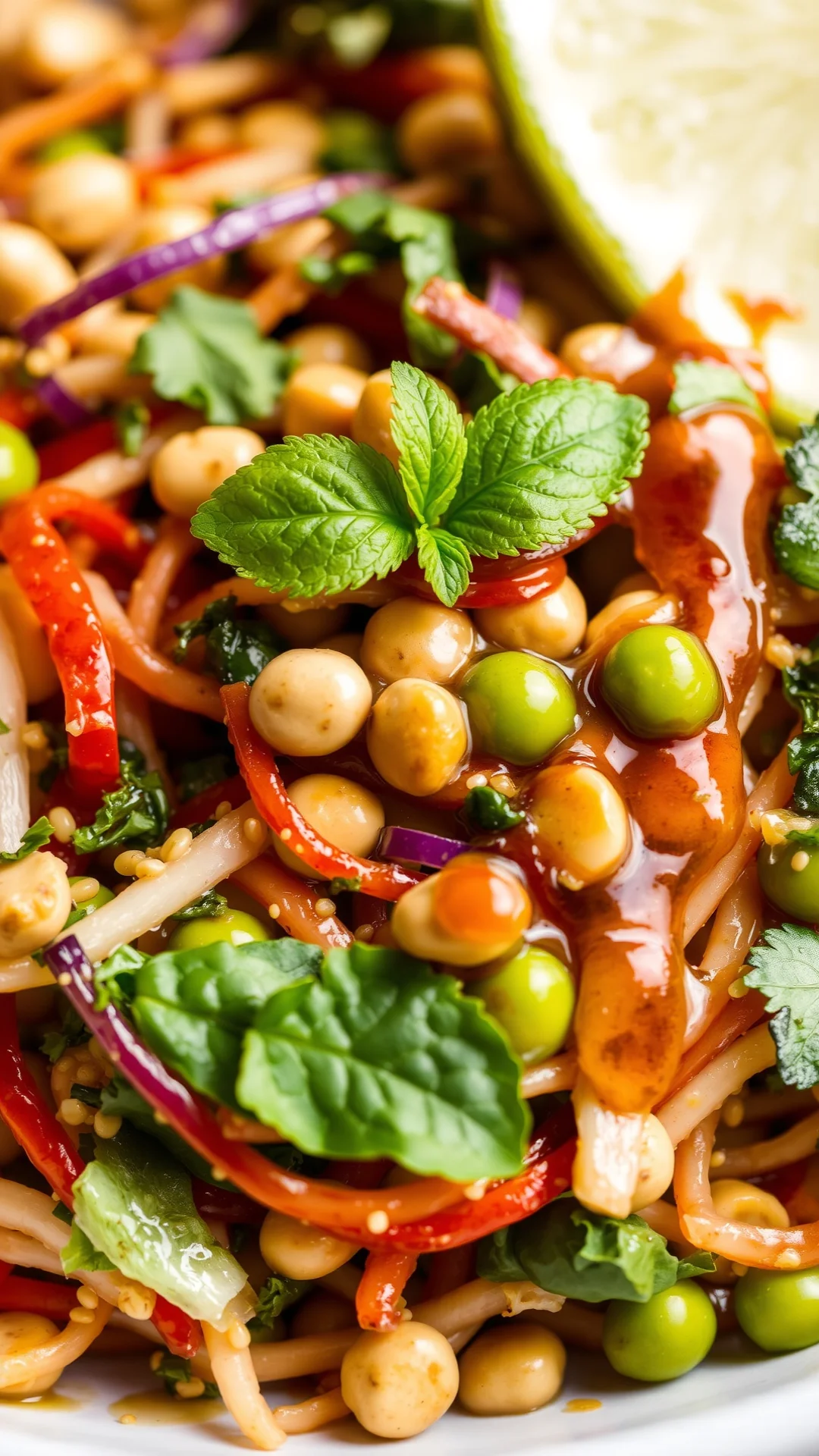 Close-up Asian salad with visible shredded vegetables, edamame, peanuts, herbs, drizzled with sesame vinaigrette, fresh mint