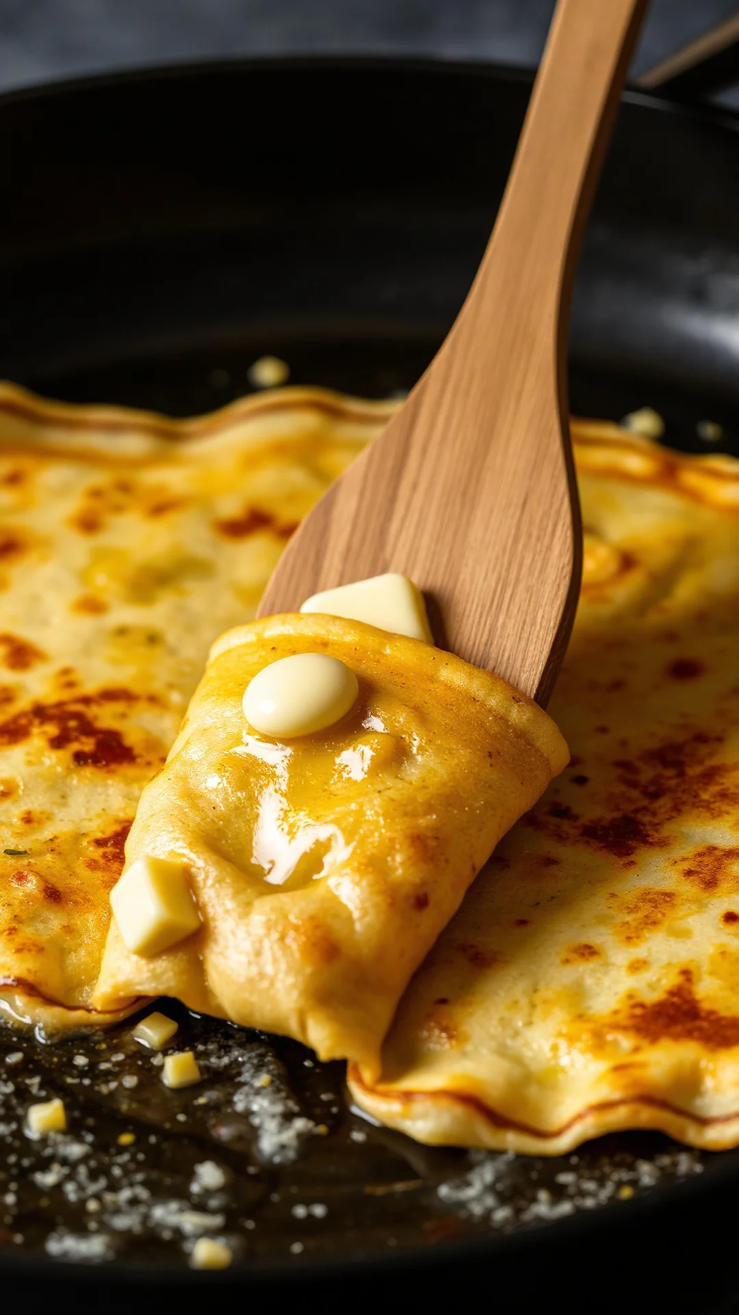 Close-up close portrait of golden crepe being flipped in pan with wooden spatula, butter sizzling, crispy edges detail