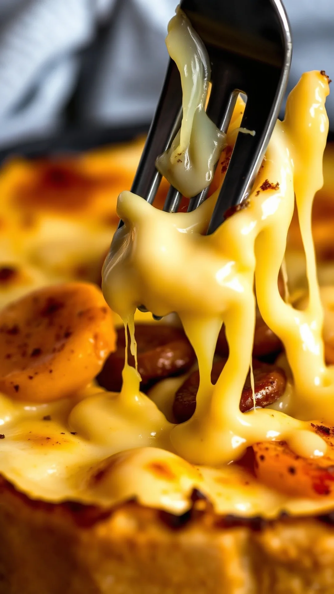 Close-up creamy butternut squash and potato layers with melted reblochon cheese, golden crust, fork lifting cheese, steam ris