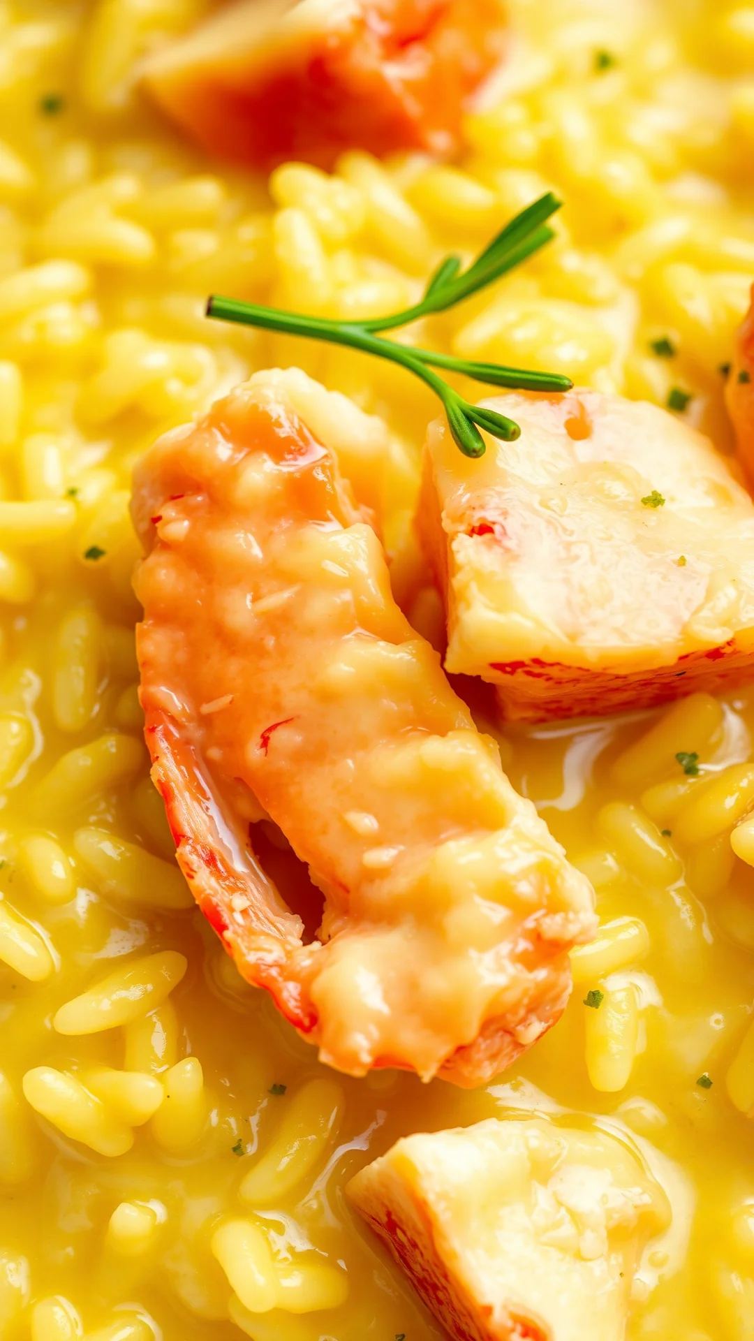 Close-up creamy lobster risotto with tender lobster chunks, saffron rice, melting butter, fresh tarragon garnish, luxurious g