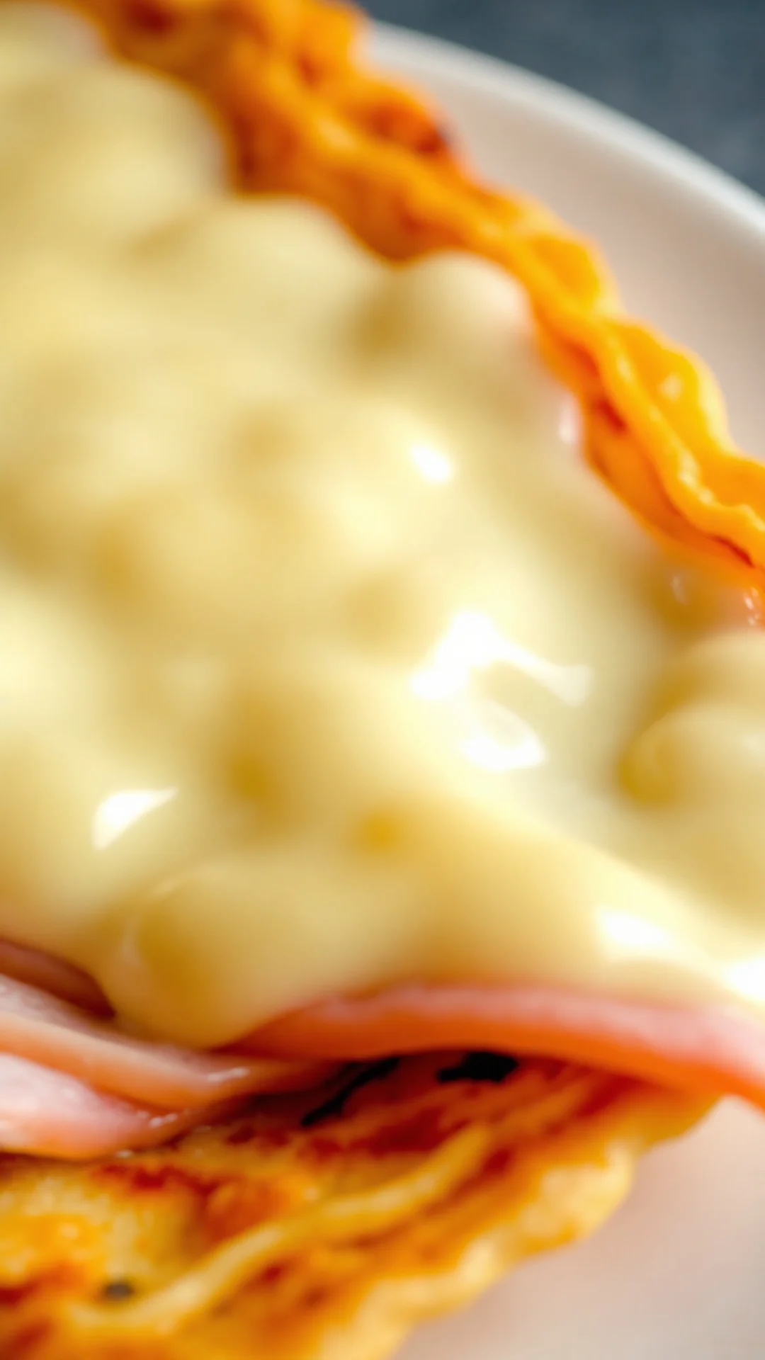 Close-up creamy melted cheese on warm crêpe with sliced ham, golden edges, food detail shot, vibrant colors, professional ma