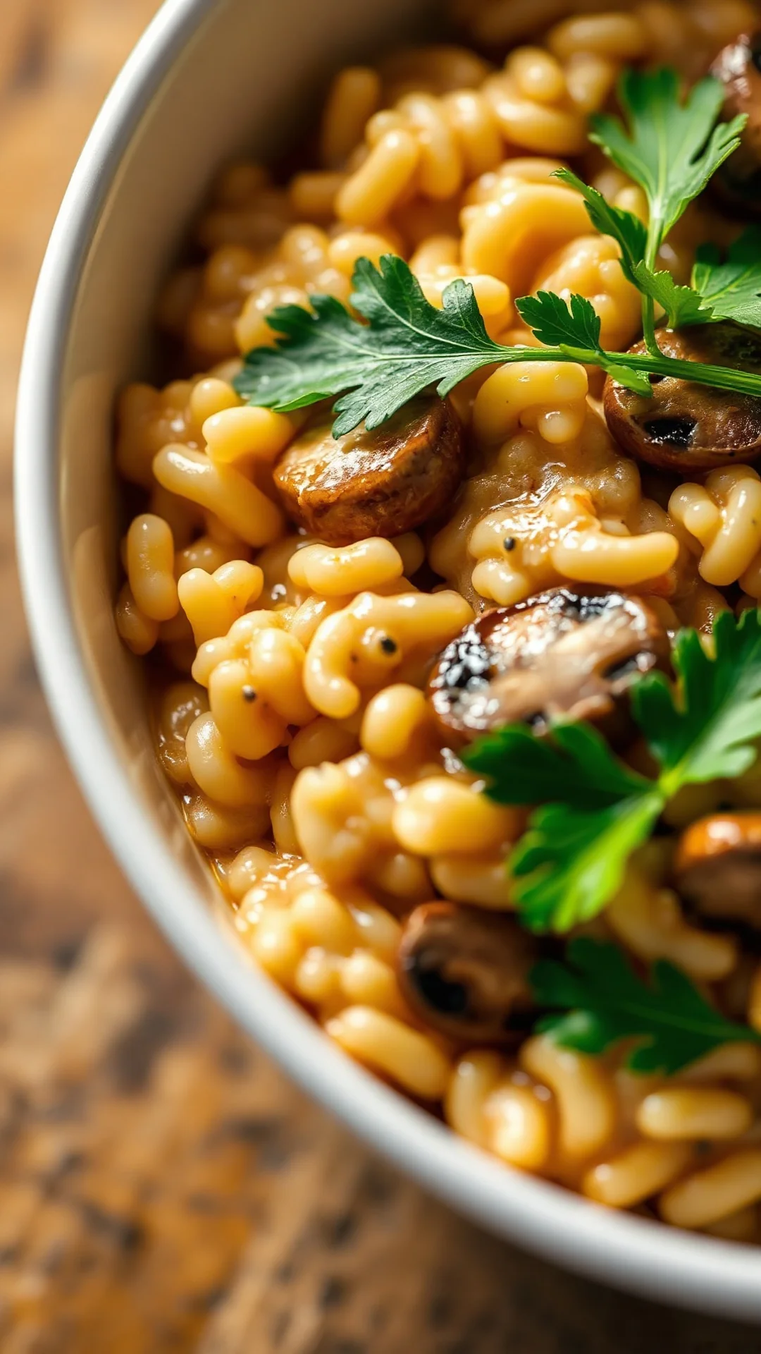 Close-up creamy mushroom risotto in a white bowl, garnished with fresh parsley, golden lighting, Italian cuisine
