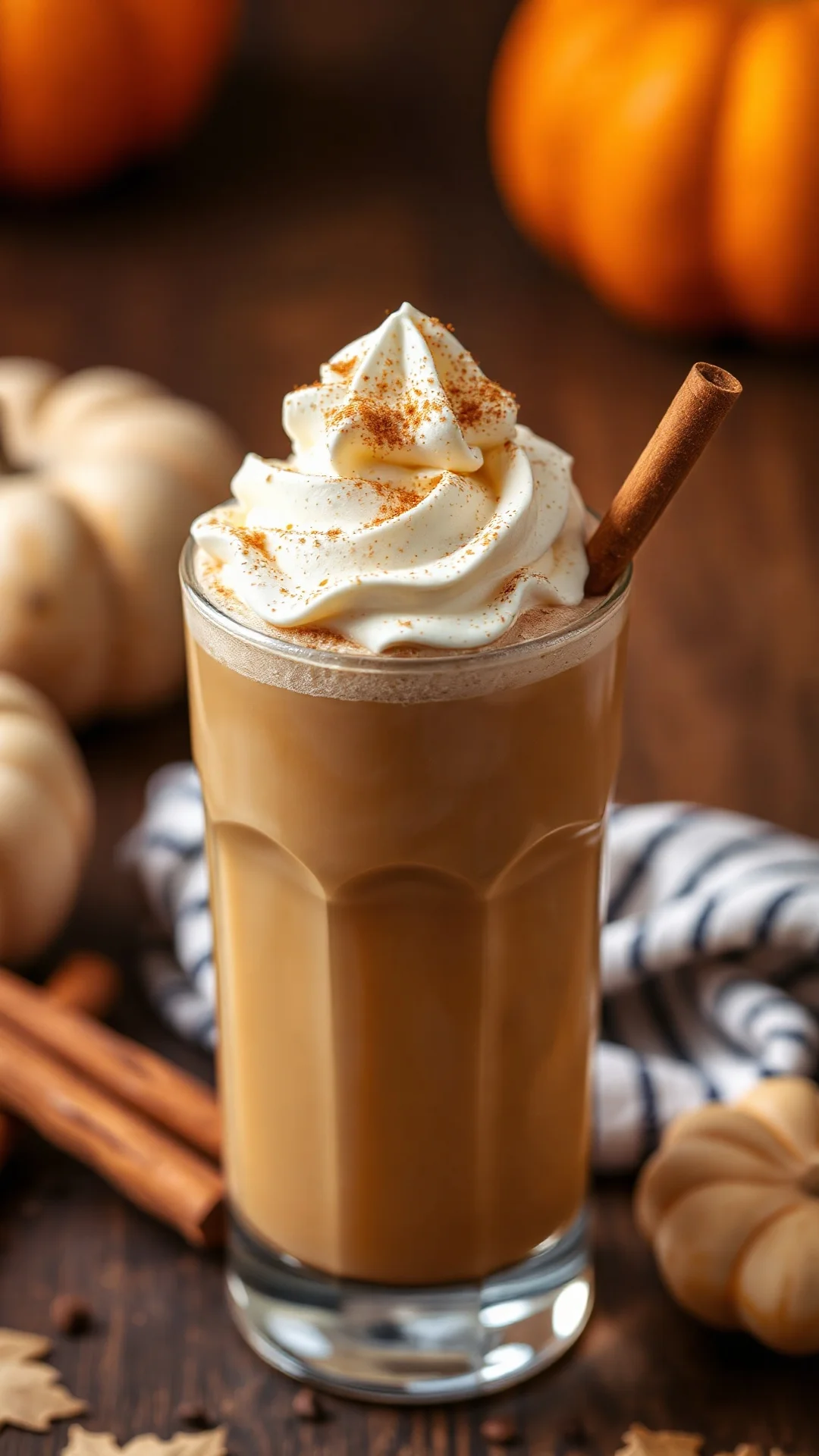 Close-up creamy Pumpkin Spice Latte in tall glass, swirled with whipped cream, cinnamon spice dusting, autumn aesthetic, warm