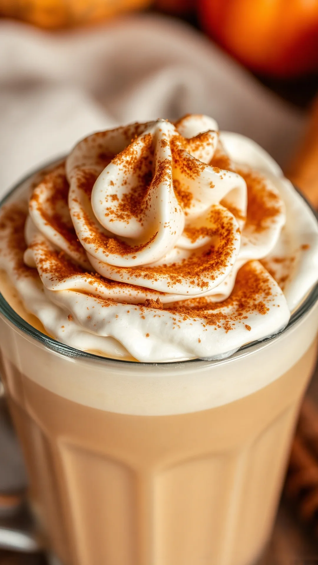 Close-up creamy pumpkin spice latte with cinnamon dusting and whipped cream topping, vertical shot, autumn warm tones, golden