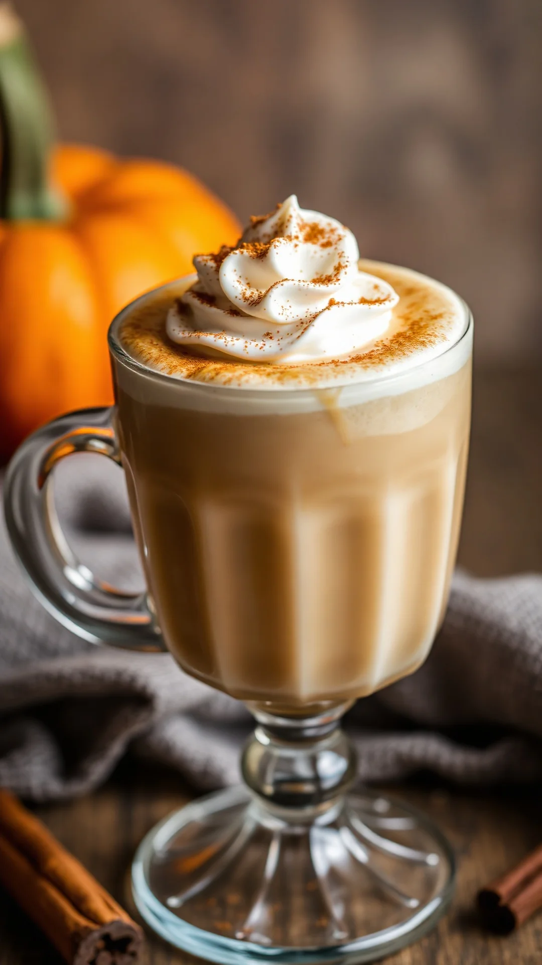 Close-up creamy Pumpkin Spice Latte with cinnamon dusting and whipped cream topping, warm autumn drink, detailed macro shot,