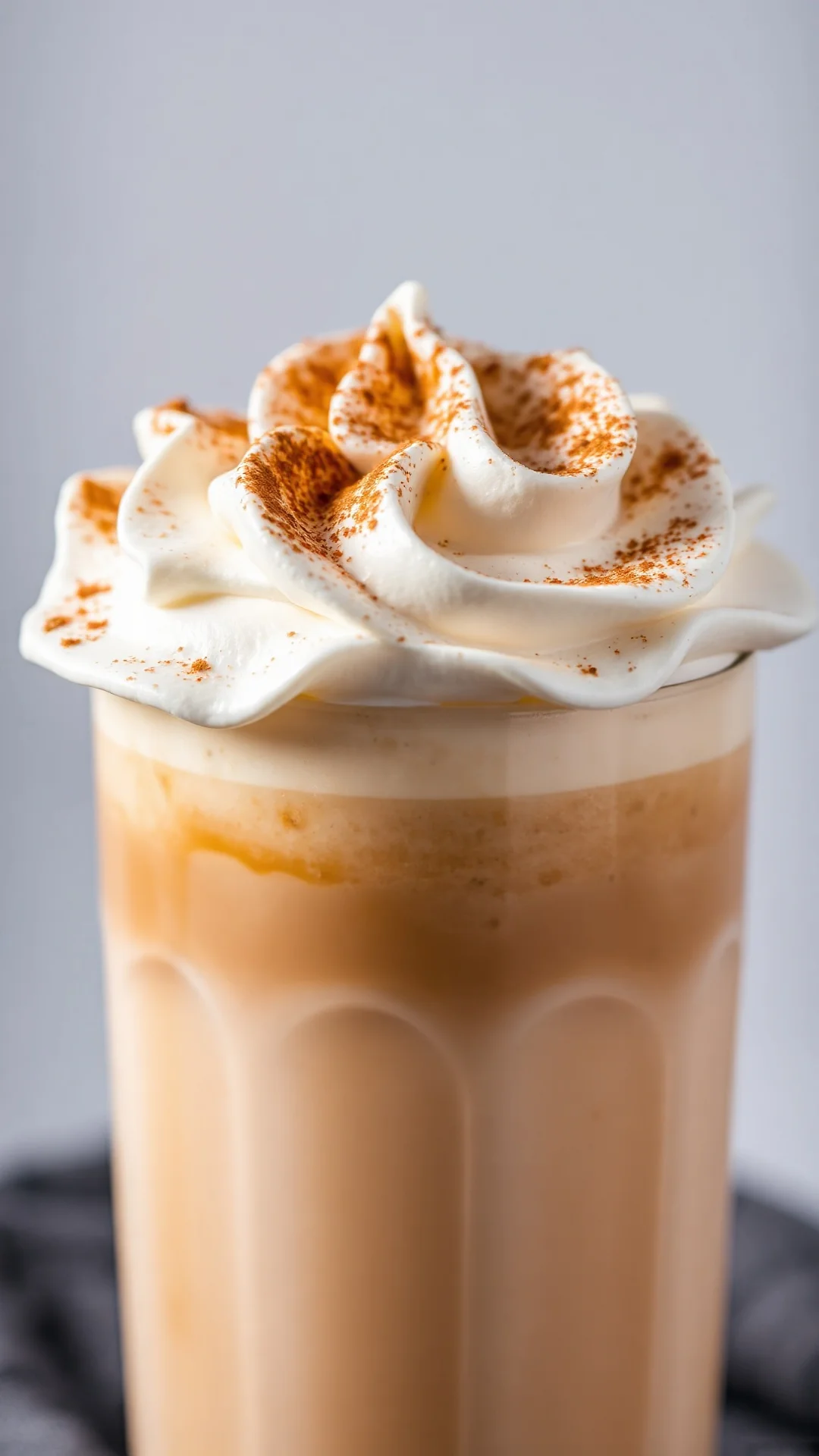 Close-up creamy pumpkin spice latte with thick whipped cream layer and cinnamon dust, studio lighting, beverage photography