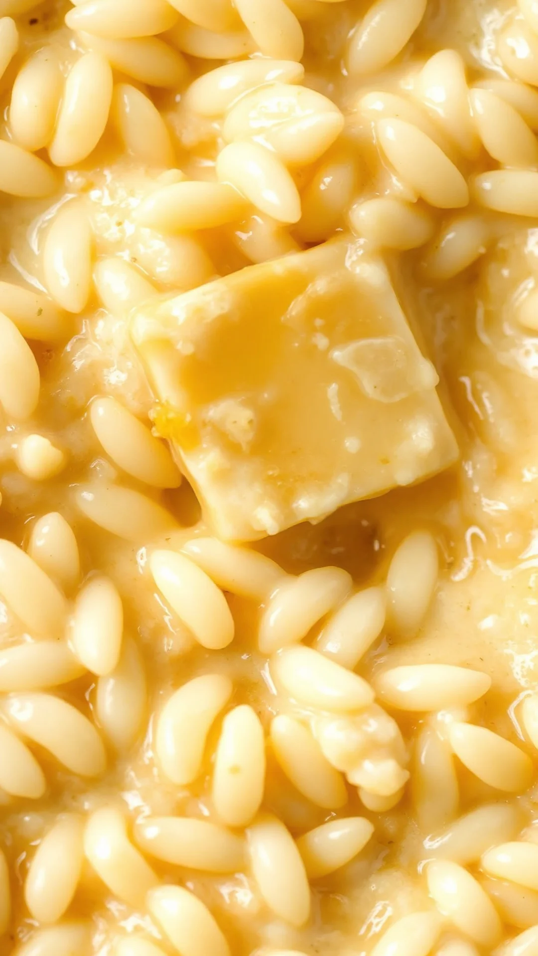 Close-up creamy risotto with melted butter and parmesan cheese, rice grains perfectly cooked, authentic Italian dish, macro f