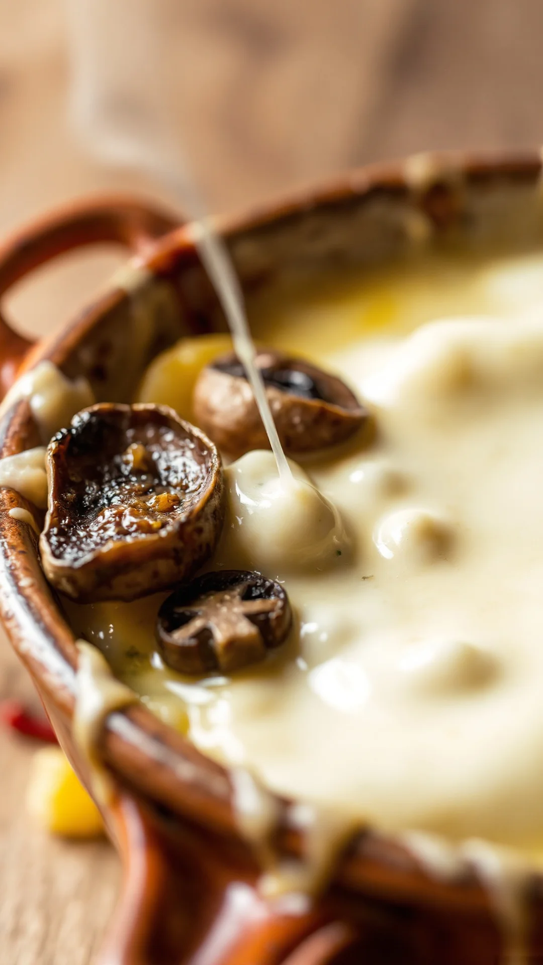 Close-up creamy tartiflette with melted Reblochon cheese, mushrooms, potatoes, steam rising, rustic ceramic dish, macro food