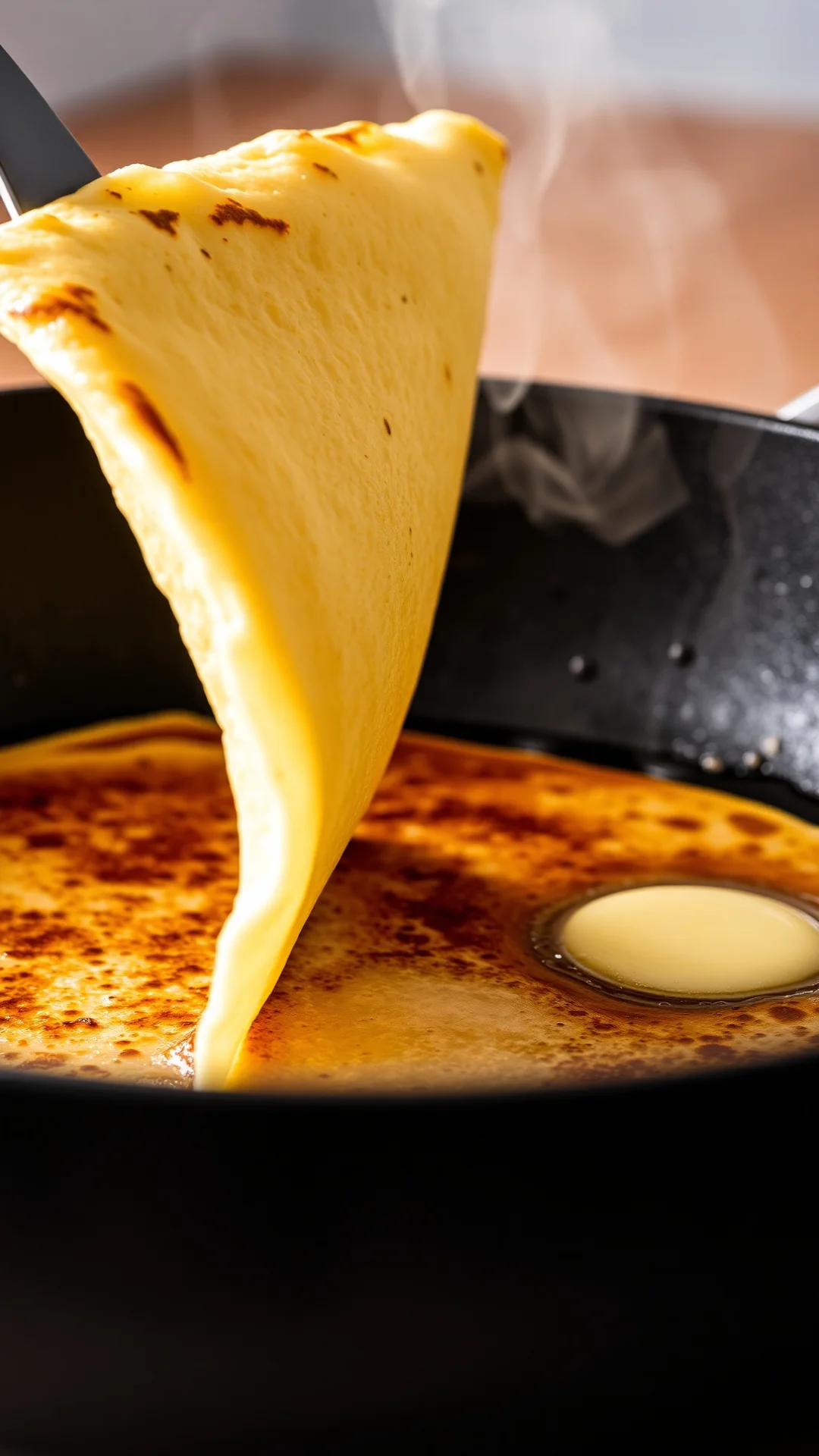 Close-up crepe being flipped with spatula in pan, golden brown edges, butter sizzling, steam rising, professional food photog