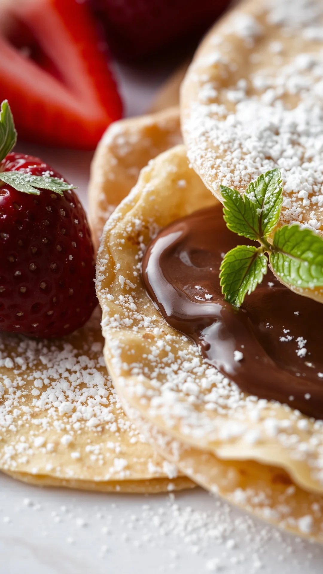 Close-up crepes texture with nutella spread, fresh strawberries, powdered sugar, soft moody lighting, appetizing food photogr
