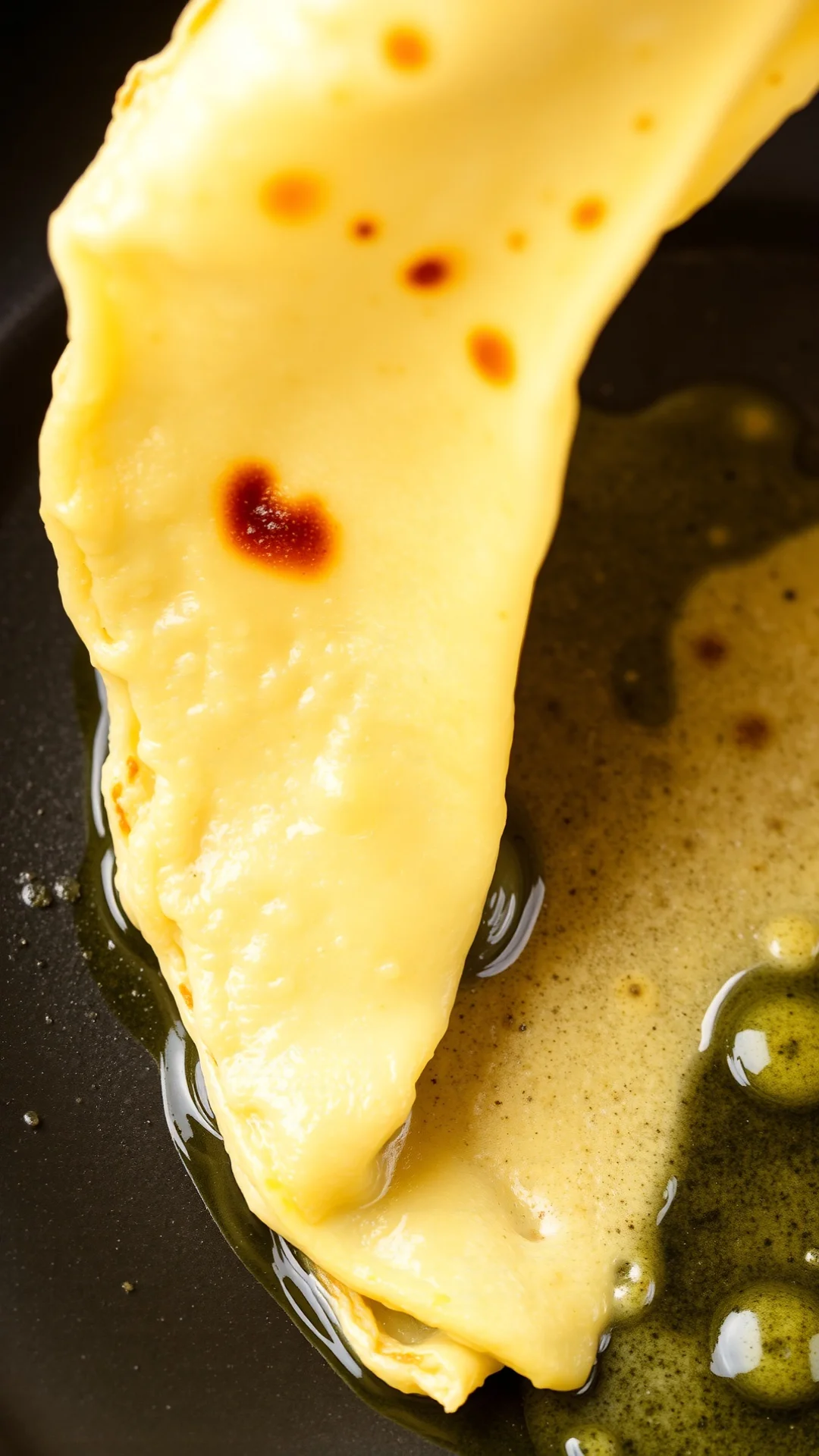 Close-up detail of a single warm crepe being flipped in a nonstick pan with melted butter, golden color visible, food styling