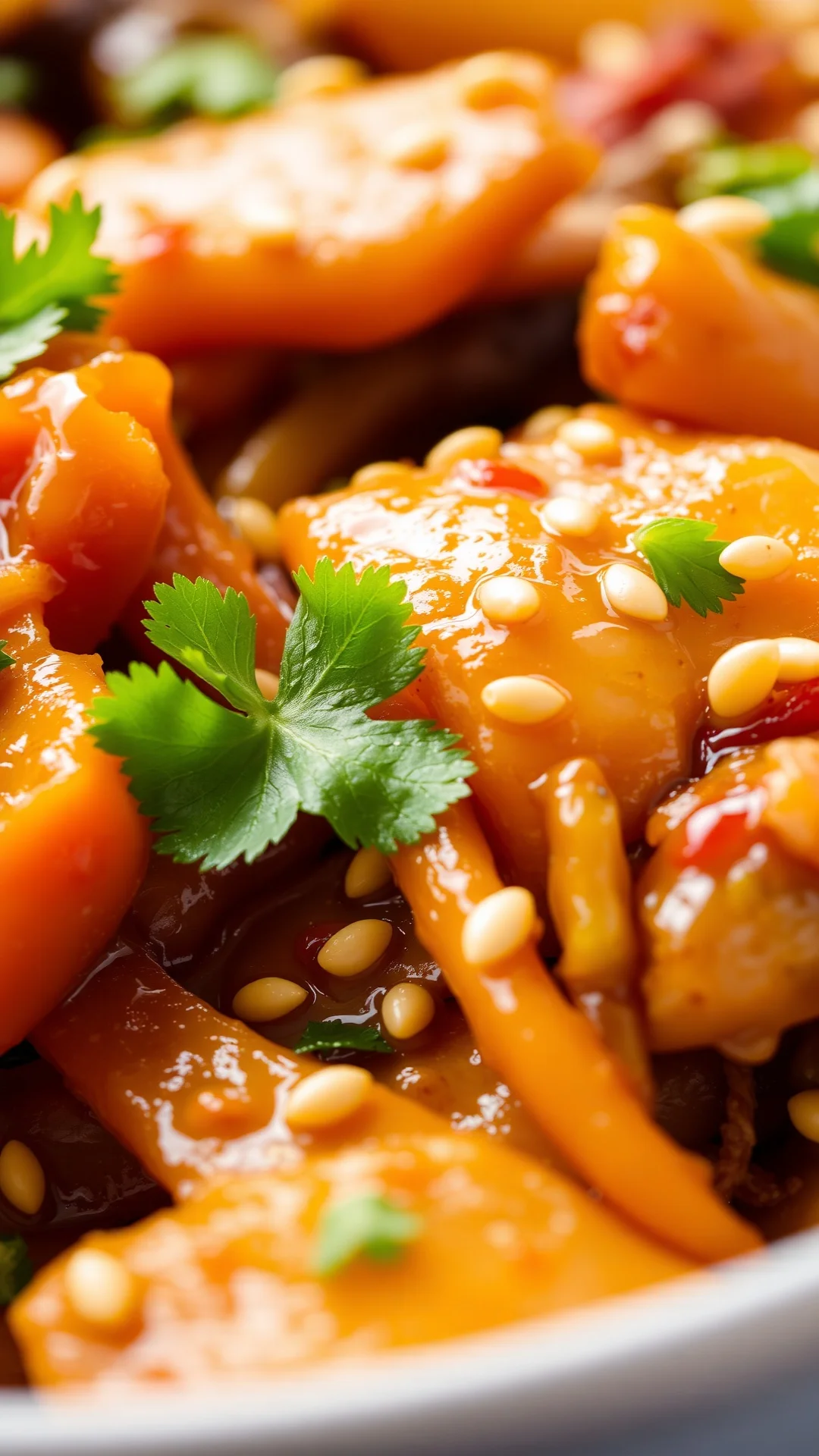 Close-up detail of Asian stir-fried vegetables with glistening sauce, sesame seeds, fresh cilantro garnish, macro food photog