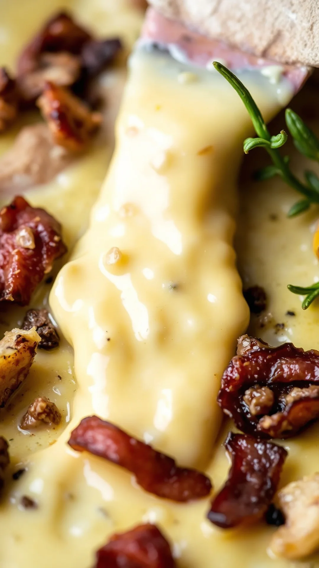 Close-up detail of creamy melted Reblochon cheese and crispy lardons on top of tartiflette, golden brown crust, rustic French