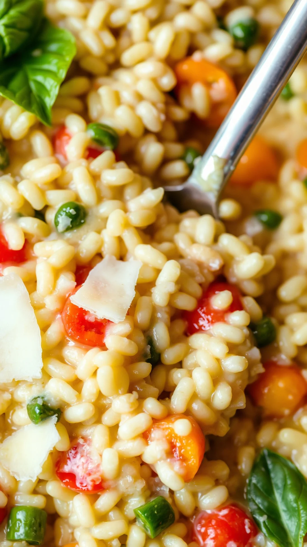 Close-up detail of creamy risotto texture with mixed colorful vegetables, Parmesan cheese shavings, fresh basil, spoon stirri