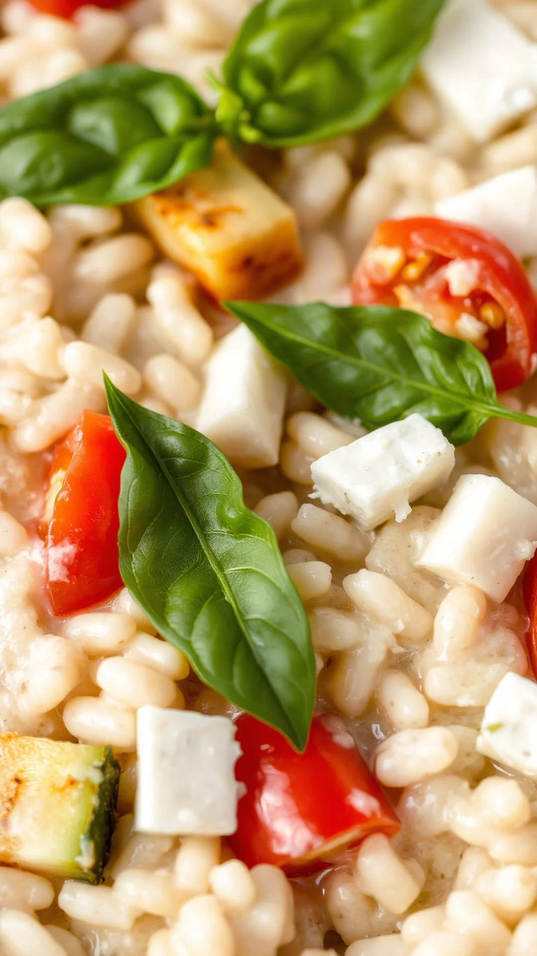 Close-up detail of creamy risotto with melted goat cheese, fresh basil leaves, diced zucchini and cherry tomatoes, luxurious