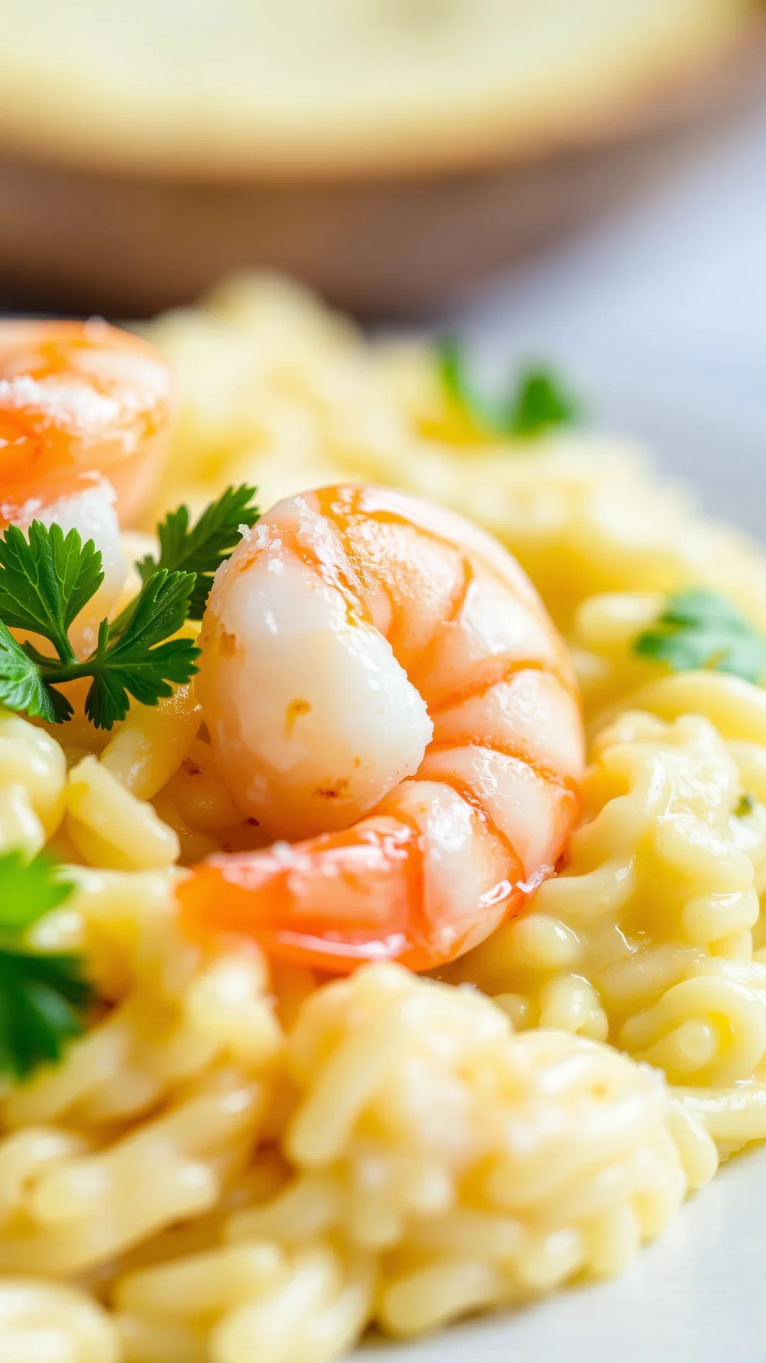 Close-up detail of creamy risotto with pink shrimp, garnished with parsley and grated parmesan cheese, shallow depth of field