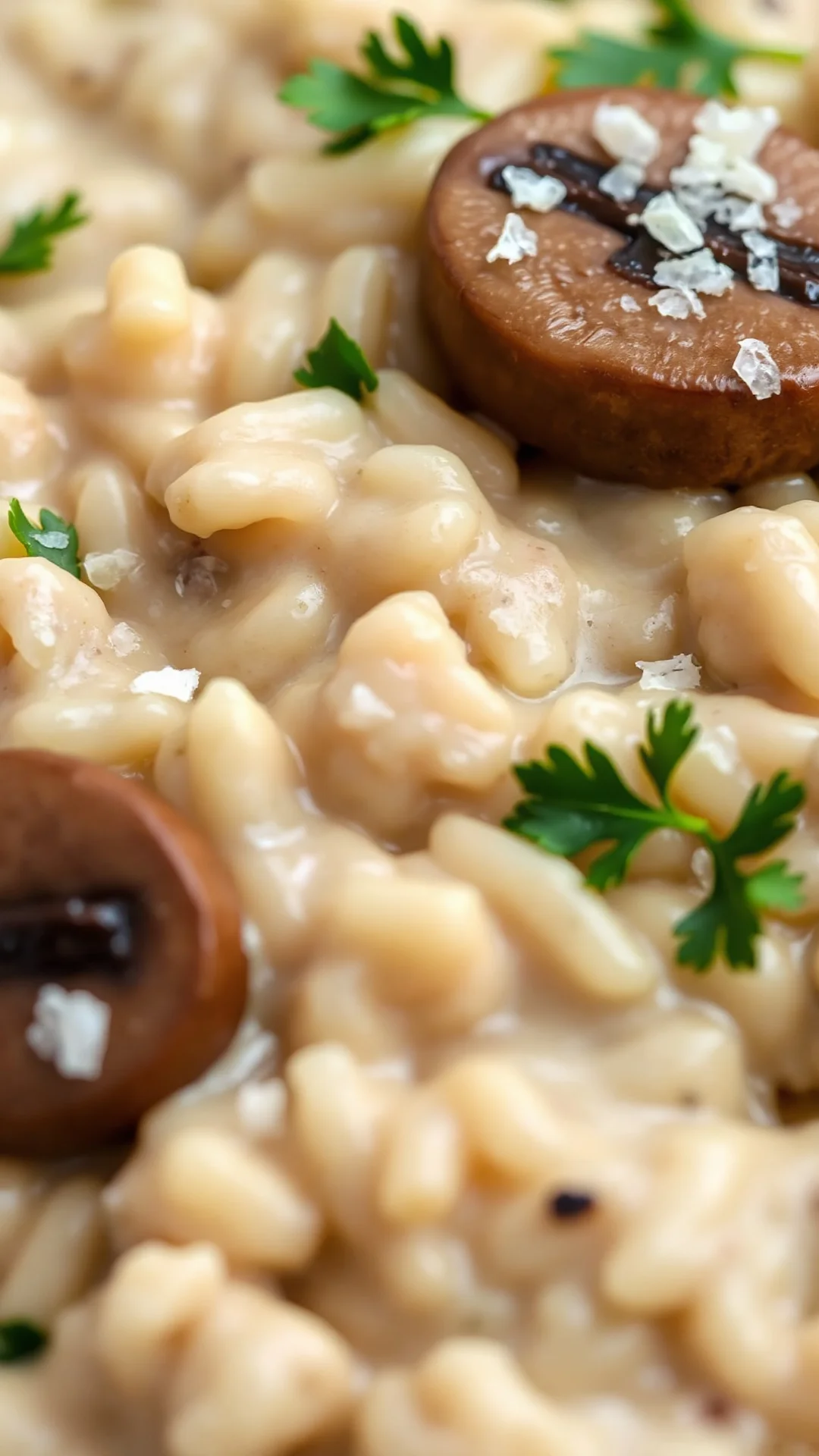 Close-up detail of creamy spelt risotto with mushrooms, soft creamy texture visible, garnished with fresh parsley and grated