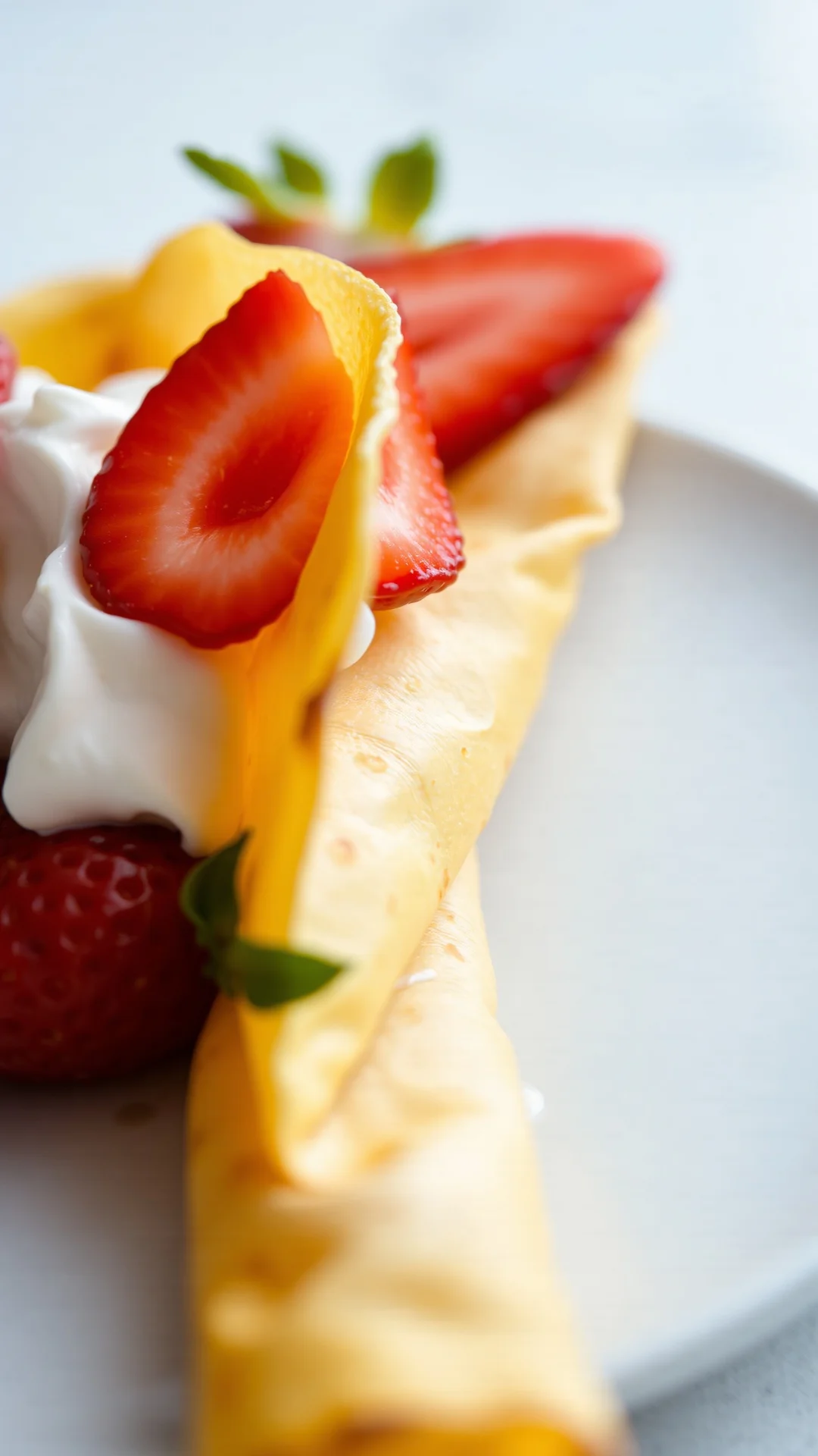 Close-up detail of folded golden crepe with whipped cream and strawberries, authentic Breton creperie, soft morning light, fo