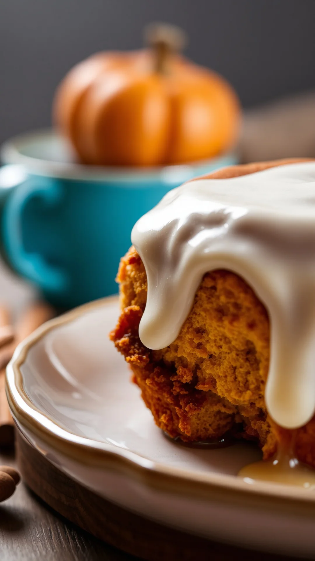 Close-up detail of freshly baked cinnamon roll with creamy white frosting dripping, warm pumpkin spice colors, cozy autumn br
