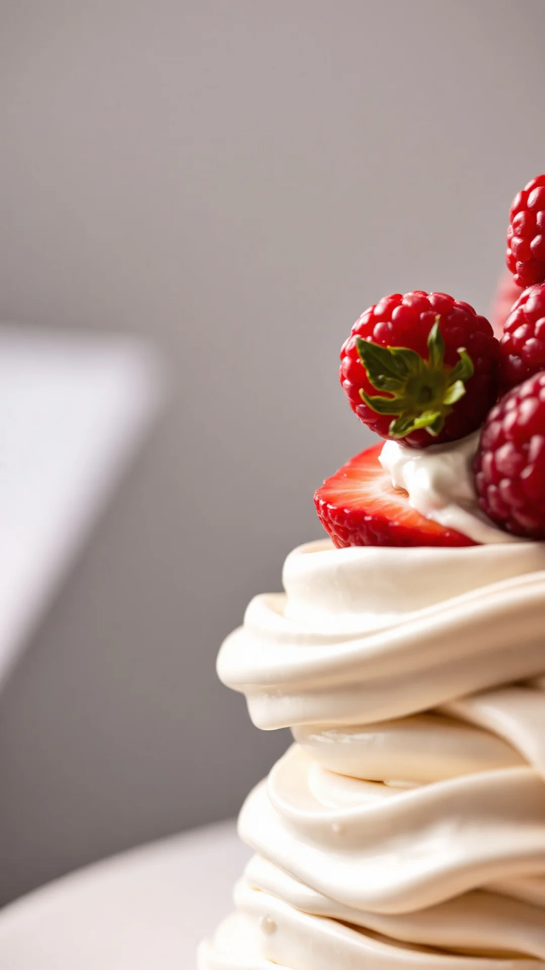 Close-up detail of pavlova with strawberries, creamy texture, fresh raspberries garnish, professional culinary photography go