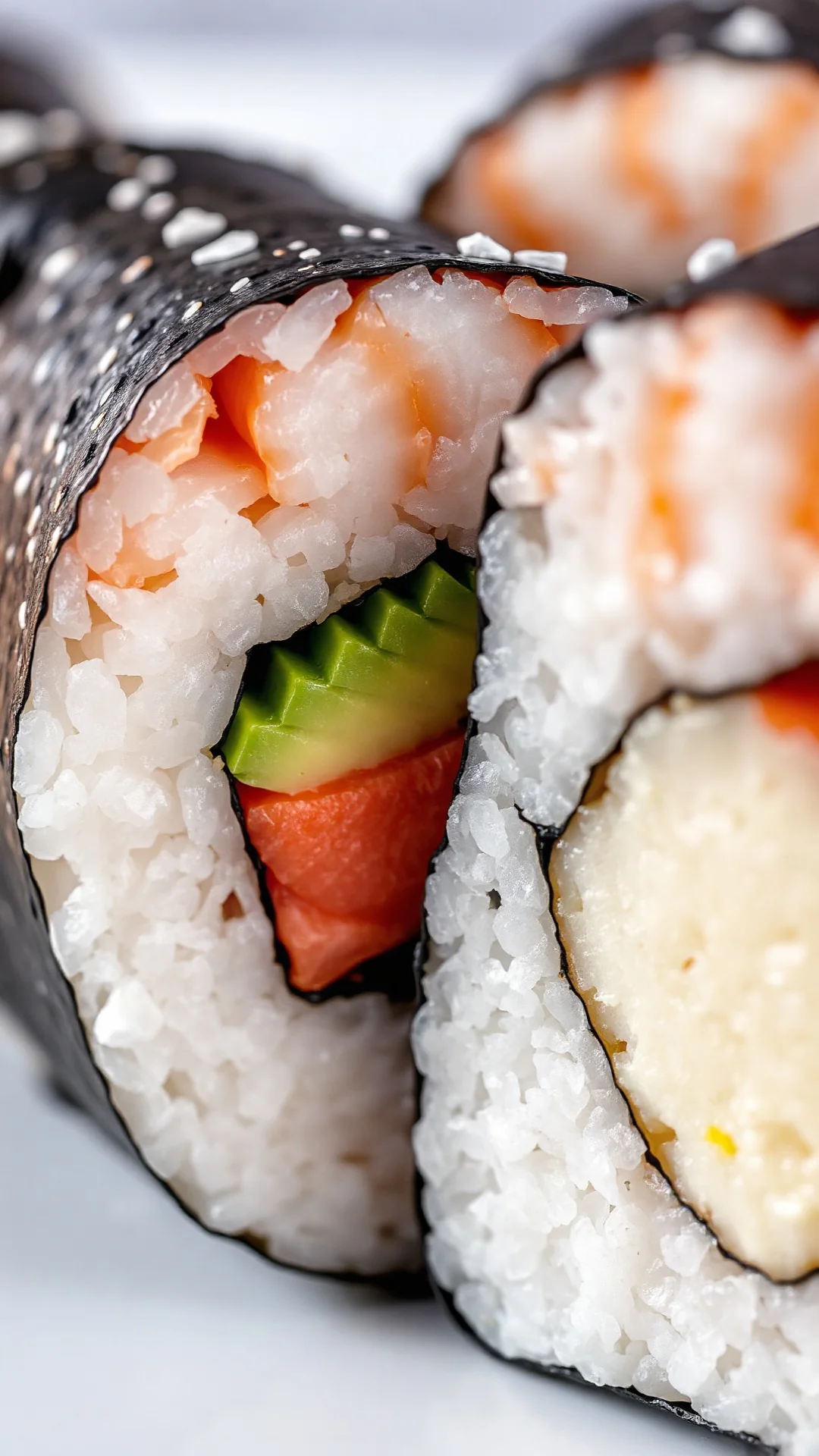 Close-up detail of perfectly cut sushi roll cross-section showing layers of rice, fresh salmon, avocado and nori, artistic ma