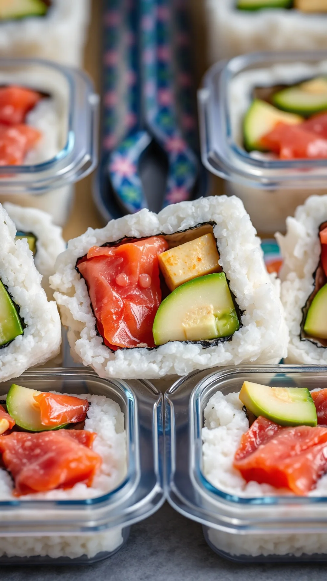 Close-up detail of sliced sushi Tupperware portions, colorful cross-section showing salmon, avocado, cucumber layers, perfect