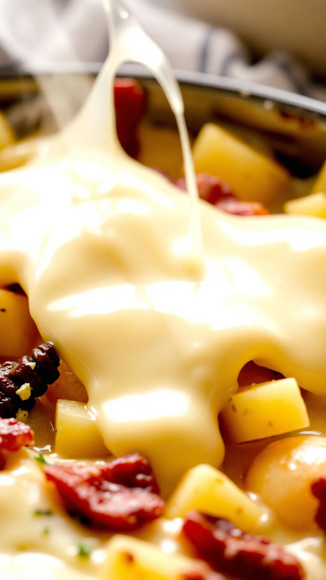Close-up detail of steaming melted raclette cheese over creamy potatoes and lardons in bubbling hot tartiflette gratin close-