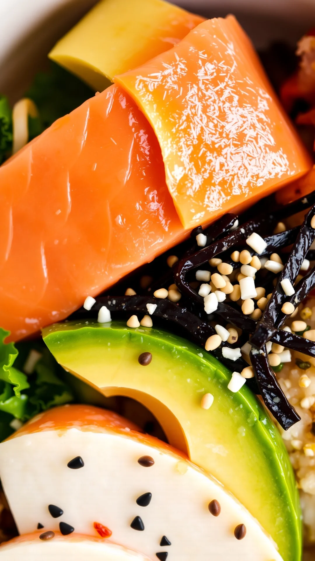 Close-up detail of sushi bowl ingredients, fresh salmon fillet, creamy avocado slices, vibrant vegetables, scattered sesame s