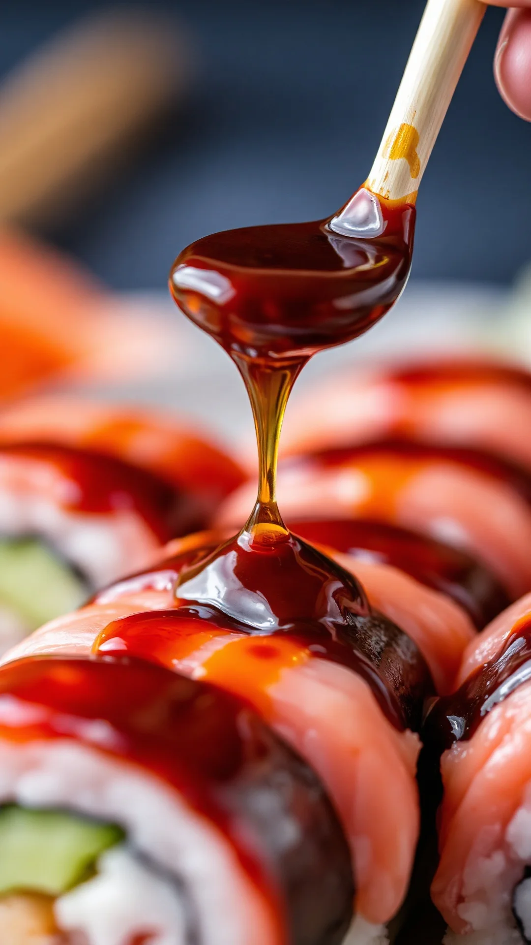 Close-up detail of sushi sauce drizzled over fresh nigiri, hand with chopsticks dipping sushi, vibrant Japanese ingredients v