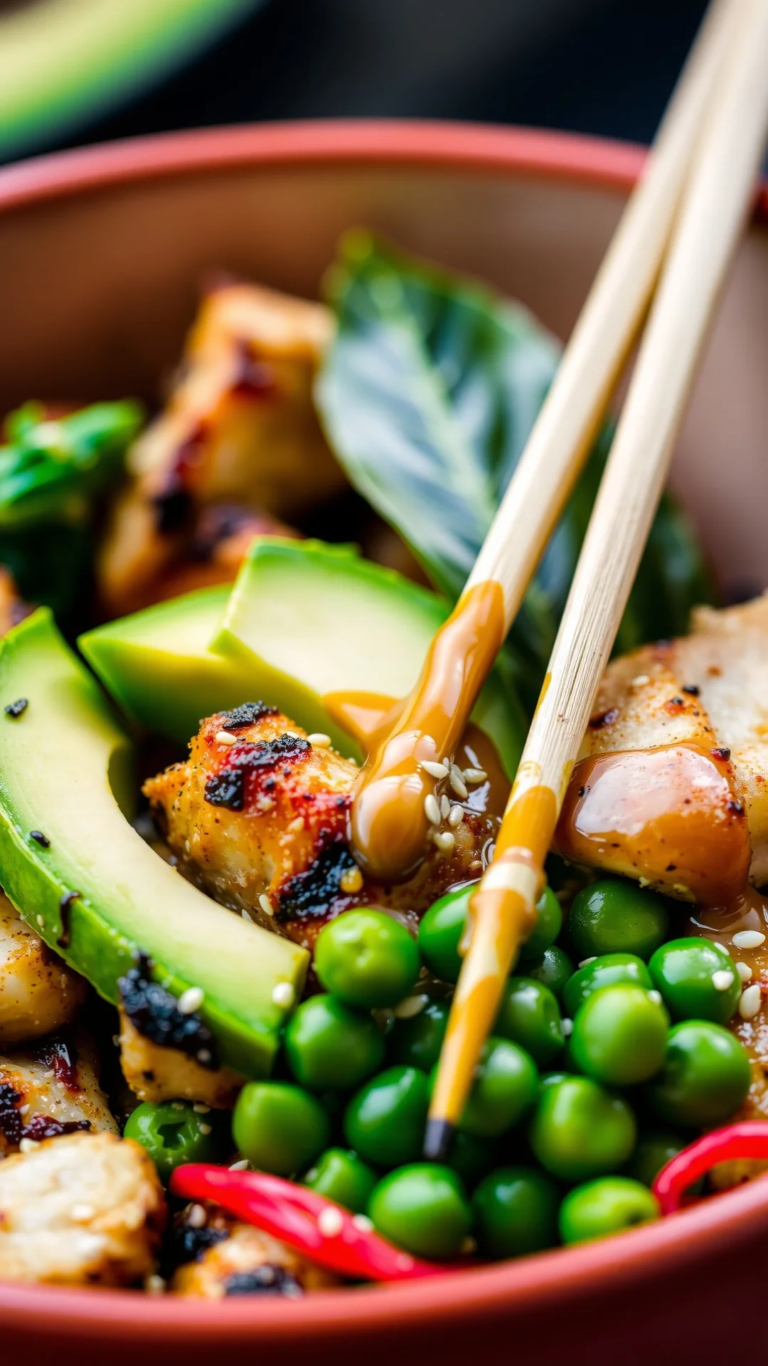 Close-up detail shot of a colorful Asian bowl with grilled chicken pieces, creamy avocado slices, green edamame, sesame seeds