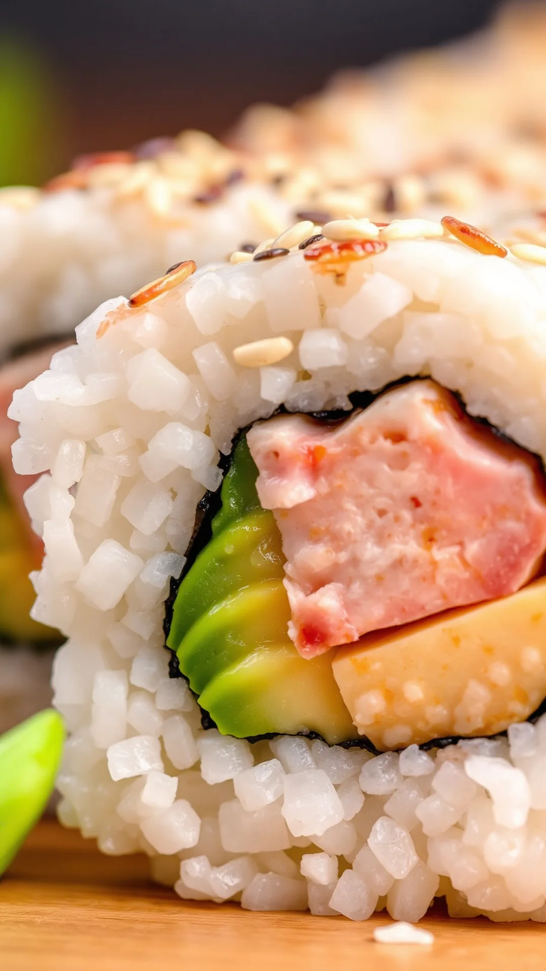 Close-up detail shot of freshly cut California sushi roll showing layers of rice, avocado, crab, and cucumber, sesame seeds t