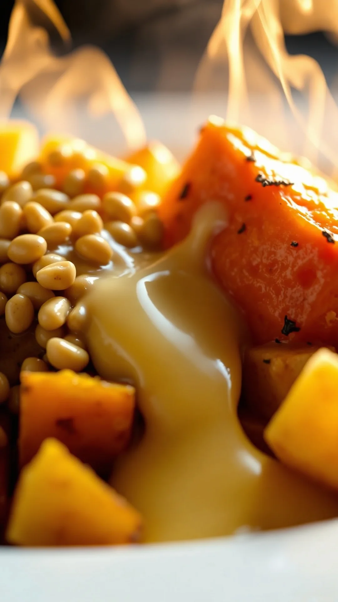Close-up detailed shot of creamy melted reblochon cheese on tartiflette, golden roasted pumpkin chunks, tender potatoes, stea