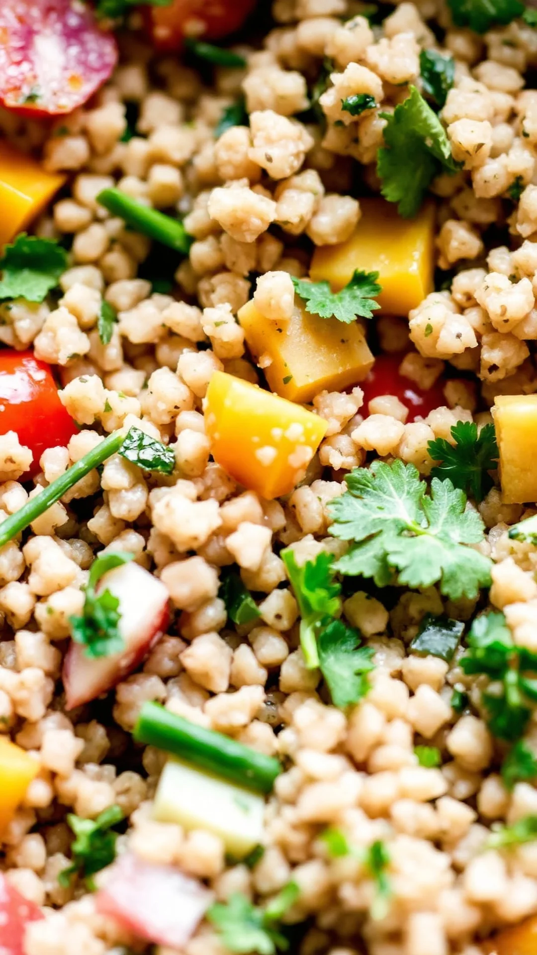 Close-up detailed shot of creamy tabbouleh mixture with fresh herbs, diced vegetables and bulgur grains, food styling, appeti